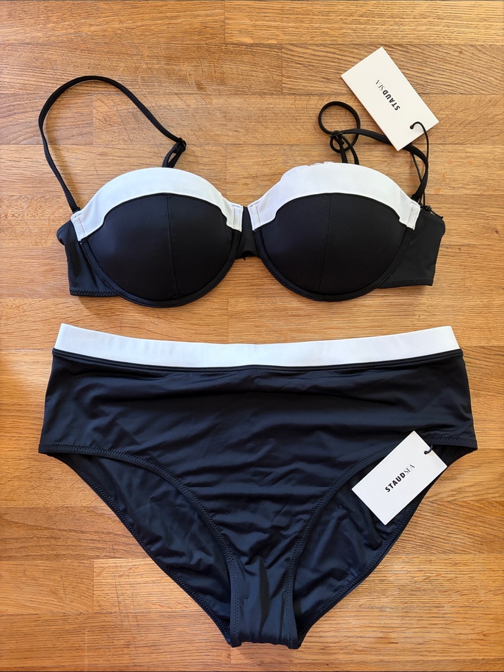 STAUD XL Black and White Bikini Set High Rise Balconette Jo Top and Devon Bottom